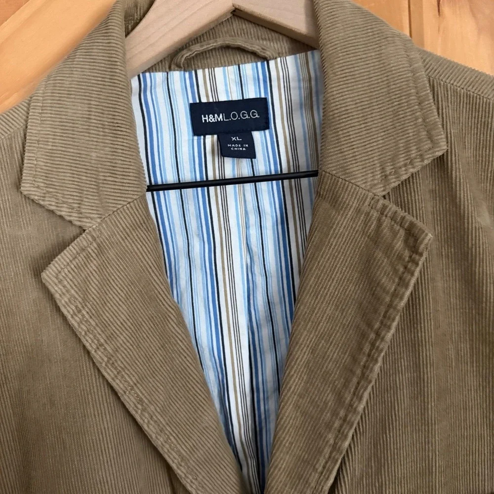 H&M LOGG Corduroy Blazer‎ Mens XL Tan Khaki Sport Coat 3-Button Striped Lining